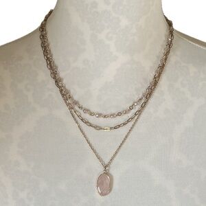 Layered Pink Pendant Necklace – Triple Strand Beaded & Chain Design